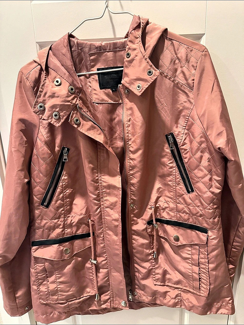Miss London Quilted Hooded Utility Jacket in Pink Size Large Like New